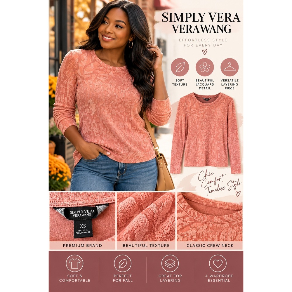 Simply Vera Vera Wang Women's Long Sleeve Knit Top Coral Pink Crew Neck XS